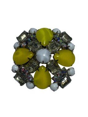 Vintage Brooch Yellow Rhinestone & White Beaded Floral Design Pre-Owned Pin